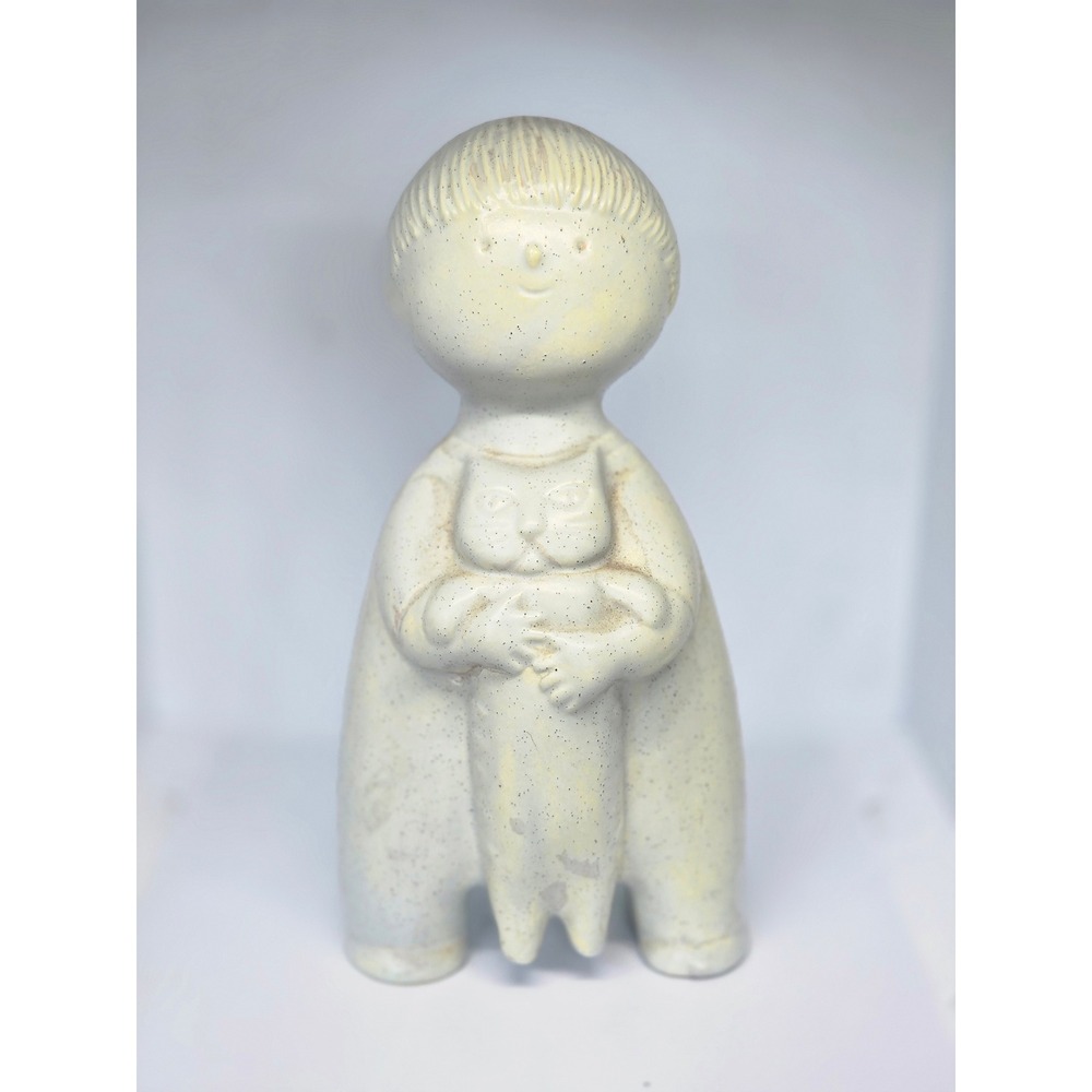 Hand-Painted "Boy Holding Cat" Stoneware‎ Figure (circa 1970s)